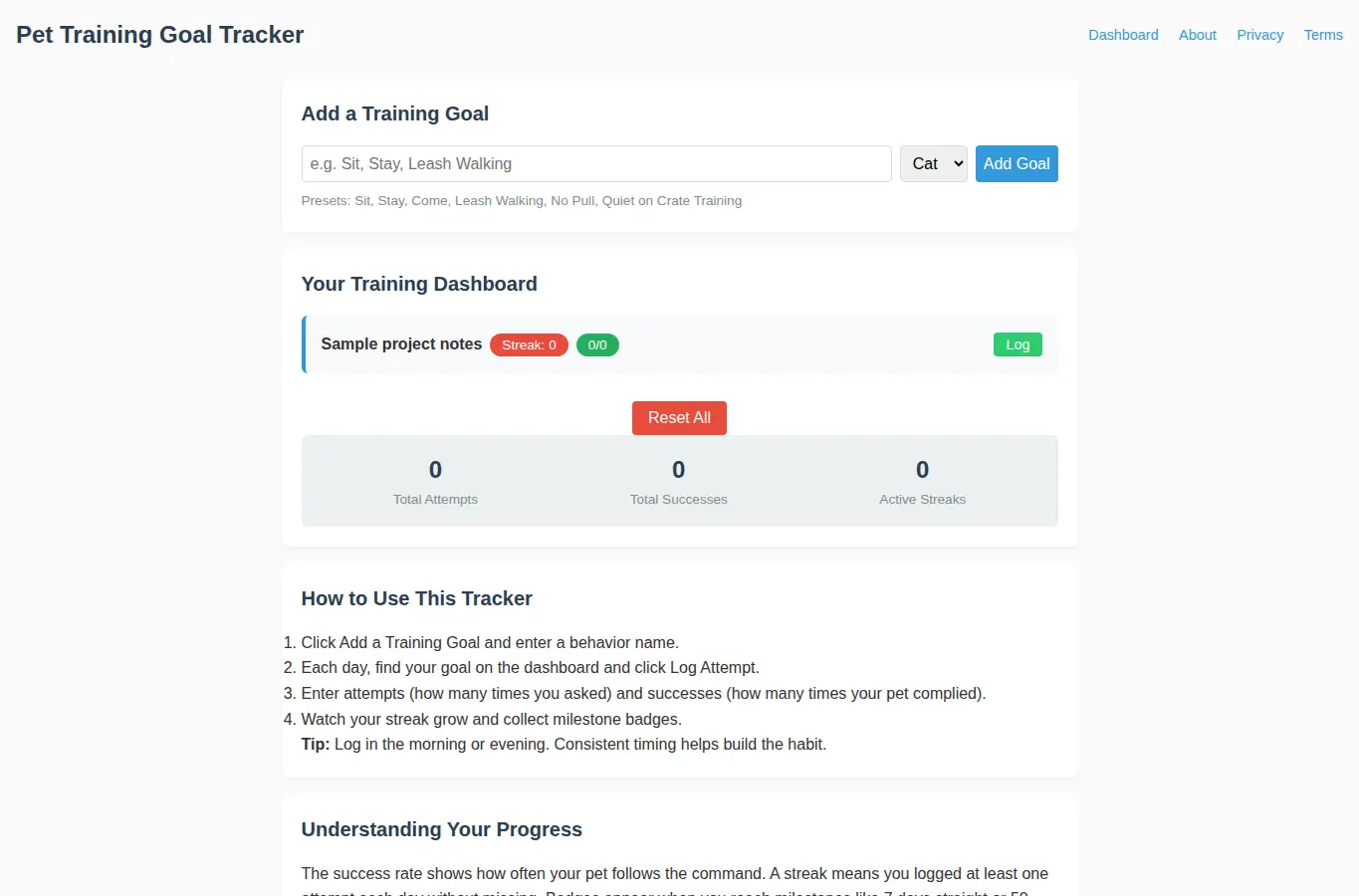 Screenshot of Pet Training Goal Tracker interface showing the project page in use